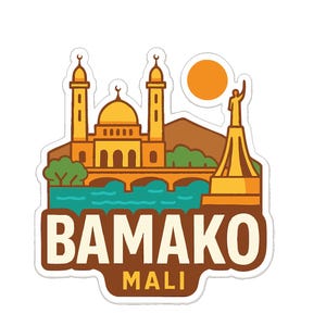 May include: A sticker featuring a stylized illustration of Bamako, Mali. The design includes a mosque, a monument, and the text "BAMAKO MALI" in a brown and white color scheme, set against a white background.