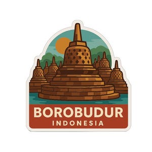 May include: A sticker depicting the Borobudur temple in Indonesia. The illustration shows the temple in brown and orange, set against a blue sky, green hills, and a yellow sun. The text "BOROBUDUR INDONESIA" is displayed in a red rectangle.