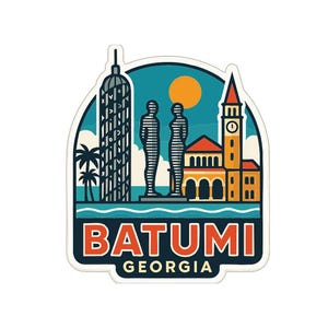 May include: A sticker depicting Batumi, Georgia, with a graphic design. It shows a high-rise building, palm trees, statues, and a clock tower, set against a blue sky with a rising sun. The word "BATUMI" is in orange, with "GEORGIA" below.