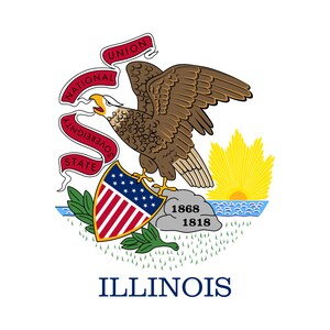 May include: The official state flag of Illinois features a blue eagle with outstretched wings, perched on a rock with the dates 1868 and 1818. The eagle holds a shield with red and white stripes and stars. The flag also includes a red ribbon with the words "National Sovereignty State Union" and a yellow sun rising over a blue body of water.