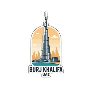 Op de afbeelding: Een sticker met de Burj Khalifa in Dubai, Verenigde Arabische Emiraten. De illustratie toont de wolkenkrabber in grijstinten en bruin tegen een lichtoranje lucht. De woorden "BURJ KHALIFA" en "UAE" staan onderaan.