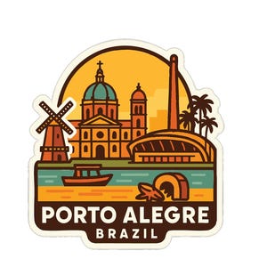 以下が含まれることがあります： ブラジルのポルトアレグレの様式化されたイラストが描かれたステッカー。 風車、教会、ボート、そして「PORTO ALEGRE BRAZIL」のテキストが太字で、夕焼け色の背景に配置されています。