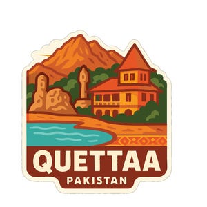 May include: A sticker featuring a scenic illustration of Quetta, Pakistan. The design includes a building with an orange roof, mountains, and a lake. The text "QUETTAA PAKISTAN" is displayed in a brown banner at the bottom.