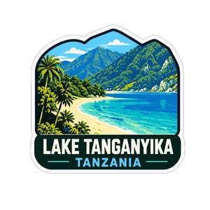 以下が含まれることがあります： 上部の角が丸い長方形のステッカーで、タンザニアのタンガニーカ湖の風景が描かれています。イラストには、砂浜、ヤシの木、青い水、空の下の山々が描かれています。テキストには「LAKE TANGANYIKA TANZANIA」と書かれています。