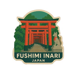 May include: A sticker featuring the Fushimi Inari shrine in Japan. The design includes a series of vibrant orange torii gates leading into the distance, a stone fox statue, and the text "Fushimi Inari Japan". The background is green.