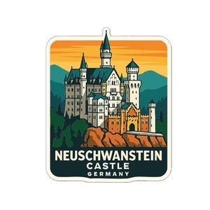 May include: A sticker featuring Neuschwanstein Castle in Germany. The illustration shows the castle with its towers and turrets, set against a sunset sky. The sticker has a white border and the text "NEUSCHWANSTEIN CASTLE GERMANY".