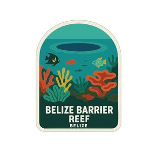 Può includere: Un adesivo raffigurante la barriera corallina del Belize. Il design include coralli colorati, pesci e il testo "BELIZE BARRIER REEF BELIZE" in lettere bianche su sfondo turchese.