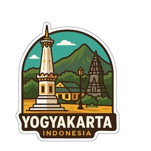 May include: A sticker featuring a Yogyakarta, Indonesia design. The illustration includes a tall, white and gold monument, a temple, and a mountain. The text "YOGYAKARTA INDONESIA" is at the bottom in a brown banner.