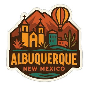 May include: A sticker featuring a stylized illustration of Albuquerque, New Mexico. The design includes a church, mountains, a hot air balloon, and a cactus. The text "ALBUQUERQUE NEW MEXICO" is prominently displayed in a bold font.