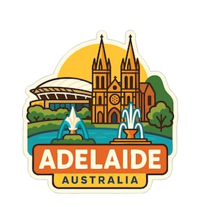 May include: A sticker featuring Adelaide, Australia, with a stylized illustration of a cathedral, a modern building, and fountains. The word "ADELAIDE" is in a bold font, with "AUSTRALIA" below.