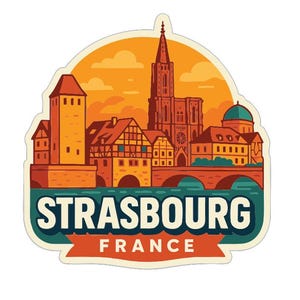 May include: A sticker featuring a stylized illustration of Strasbourg, France. The design includes iconic buildings, a bridge, and the city's name in bold letters. The color palette consists of warm oranges, reds, and blues, creating a vibrant travel-themed graphic.