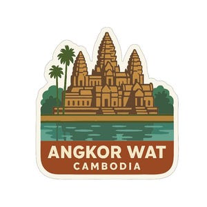 Peut inclure: Un autocollant représentant le temple d'Angkor Vat au Cambodge. L'illustration montre le temple dans des tons bruns, avec des arbres et de l'eau verts, et le texte "ANGKOR WAT CAMBODIA" dans une bannière marron.