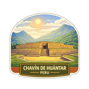 May include: A sticker featuring a detailed illustration of the Chavín de Huántar archaeological site in Peru. The image shows a stone structure with a central entrance, set against a backdrop of mountains, a bright sun, and a blue sky. The text "CHAVÍN DE HUÁNTAR - PERU" is displayed.