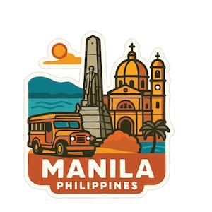 May include: A sticker featuring a stylized illustration of Manila, Philippines. The design includes a bus, a monument, a church, and the text "MANILA PHILIPPINES" in a brown and white color scheme.