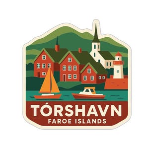 Könnte beinhalten: Ein Aufkleber mit einer Illustration von Tórshavn, Färöer-Inseln. Das Design zeigt rote Häuser, eine Kirche, einen Leuchtturm und Boote auf dem Wasser. Der Text "TÓRSHAVN FAROE ISLANDS" ist fett dargestellt.