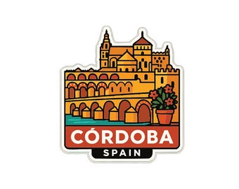 May include: A sticker featuring a stylized illustration of the city of Córdoba, Spain. The design includes a bridge, buildings, and the text "CÓRDOBA SPAIN" in a red banner. A flower pot is also included in the design.