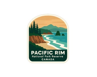 May include: A sticker depicting a coastal scene with the text "PACIFIC RIM National Park Reserve CANADA." The image shows a beach, sea, mountains, and trees, using green, blue, brown, and orange colours.