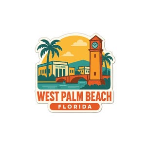 May include: A sticker featuring a stylized illustration of West Palm Beach, Florida. The design includes a clock tower, palm trees, a bridge, and the text "WEST PALM BEACH FLORIDA" in a retro style.