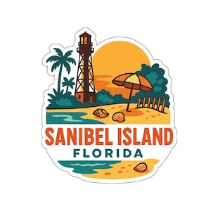 Puede incluir: Una pegatina colorida con un faro, palmeras y una escena de playa con una sombrilla y conchas marinas. El texto "SANIBEL ISLAND FLORIDA" se muestra prominentemente en naranja y blanco.