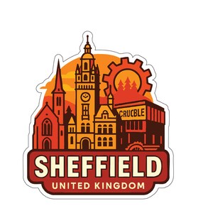 Puede incluir: Una pegatina con una ilustración estilizada de Sheffield, Reino Unido. El diseño incluye edificios icónicos, un engranaje y el texto "SHEFFIELD UNITED KINGDOM" en negrita, con una combinación de colores rojo y naranja.