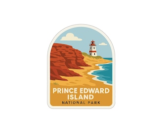 May include: A sticker featuring a coastal scene from Prince Edward Island National Park. The design includes a red cliff, a lighthouse, a sandy beach, and the text "Prince Edward Island National Park."