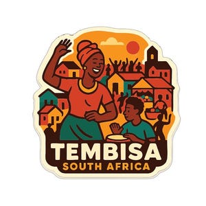 Op de afbeelding: Een sticker met een gestileerde illustratie van een vrouw en een jongen voor kleurrijke gebouwen. De tekst "TEMBISA SOUTH AFRICA" staat onderaan. De vrouw zwaait en de jongen speelt op een trommel. Vrolijke sfeer.