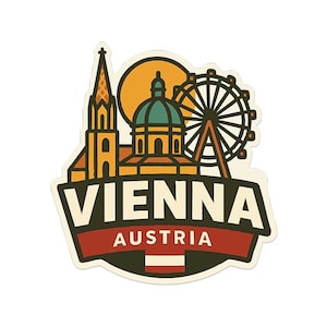 May include: A sticker featuring a Vienna, Austria design. The design includes a church, a dome-topped building, and a Ferris wheel. The word "Vienna" is in large, bold letters, with "Austria" below. The Austrian flag is at the bottom.