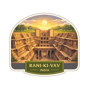 May include: A sticker featuring an illustration of the Rani-ki-Vav stepwell in India. The image shows the stepwell with a sunset in the background. The text "RANI-KI-VAV INDIA" is displayed on a green banner at the bottom of the sticker.