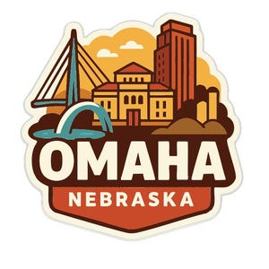May include: A sticker depicting Omaha, Nebraska, with a bridge, buildings, and the text "OMAHA NEBRASKA". The design uses a cream background with orange and brown accents. The illustration style is clean and modern.