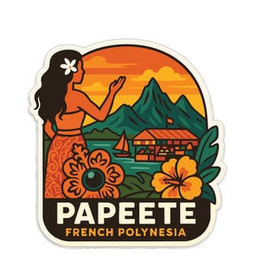 Könnte beinhalten: Ein Aufkleber mit einer polynesischen Szene mit einer Frau, Bergen und einem Sonnenuntergang. Die Frau trägt eine Blume im Haar und einen floralen Rock. Der Aufkleber trägt die Aufschrift "PAPEETE FRENCH POLYNESIA" in einem dunkelbraunen Banner.