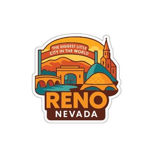 Könnte beinhalten: Aufkleber mit einer stilisierten Illustration von Reno, Nevada. Das Design umfasst eine Brücke, Gebäude und eine Kuppel mit dem Text "The Biggest Little City in the World" und "Reno Nevada". Die Farbpalette umfasst Orange, Türkis und Braun.