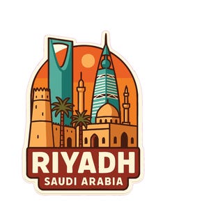 Puede incluir: Una pegatina con una ilustración estilizada de Riad, Arabia Saudí. El diseño incluye edificios icónicos, palmeras y el texto "RIYADH SAUDI ARABIA" en negrita, sobre un fondo con los colores del atardecer.