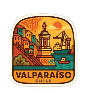 Può includere: Un adesivo colorato con un'illustrazione stilizzata di Valparaíso, Cile. Il design include edifici su una collina, una statua, un porto con una gru e una barca, e il testo "VALPARAÍSO CHILE". Lo sfondo è arancione e giallo.