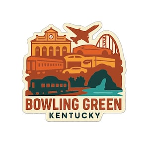 May include: A sticker featuring a stylized illustration of Bowling Green, Kentucky. The design includes a train, cars, a roller coaster, and an airplane, all in shades of orange and brown. The text "BOWLING GREEN KENTUCKY" is at the bottom.