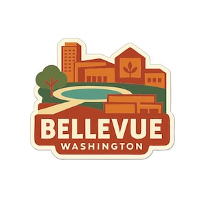May include: A sticker featuring a stylized illustration of Bellevue, Washington. The design includes buildings, a tree, and a pool, with the city name and state printed in a bold, retro font.