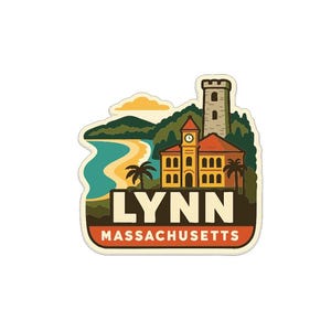 May include: A sticker featuring a stylized illustration of Lynn, Massachusetts. The design includes a beach, a building with a clock tower, and the text "LYNN MASSACHUSETTS" in a bold font. The color palette includes shades of green, blue, orange, and brown.