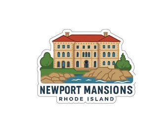 May include: A sticker featuring a detailed illustration of Newport Mansions in Rhode Island. The building is beige with a red roof, blue windows, and a central arched doorway. The text "NEWPORT MANSIONS RHODE ISLAND" is below the building.