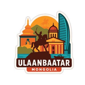 Op de afbeelding: Een sticker met een gestileerde illustratie van Ulaanbaatar, Mongolië. Het ontwerp toont een silhouet van een ruiterfiguur, gebouwen en de tekst "ULAANBAATAR MONGOLIA" in een rechthoekig kader.