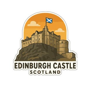 May include: A sticker featuring Edinburgh Castle in Scotland. The illustration shows the castle atop a rocky hill, with the Scottish flag waving in the sky. The background is an orange sunset with white clouds. The text "EDINBURGH CASTLE SCOTLAND" is at the bottom.