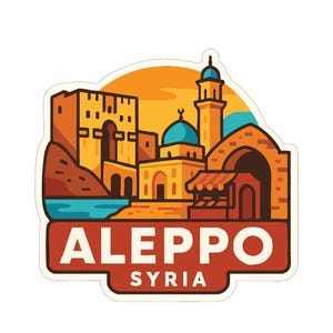 May include: A sticker depicting a cartoon illustration of Aleppo, Syria. The design shows buildings, a minaret, and a blue-domed structure, set against a sunset. The word "ALEPPO" is in bold, with "SYRIA" underneath.