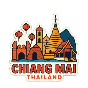 May include: A sticker featuring a colorful illustration of Chiang Mai, Thailand. The design includes temples, pagodas, and traditional Thai architecture in shades of orange, yellow, and red. The text "CHIANG MAI THAILAND" is prominently displayed.