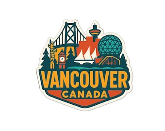 May include: A colourful sticker featuring a Vancouver, Canada design. The design includes a bridge, clock tower, and a geodesic dome. The text "VANCOUVER CANADA" is displayed in a bold, yellow font.