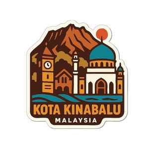 May include: A sticker depicting Kota Kinabalu, Malaysia, with a mountain, clock tower, and mosque with a teal dome. The design includes the text "KOTA KINABALU MALAYSIA". The colour scheme features brown, orange, teal, and white.