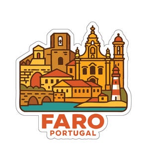 Könnte beinhalten: Ein Aufkleber mit einer farbenfrohen Illustration von Faro, Portugal. Das Design umfasst Gebäude, eine Brücke, einen Leuchtturm und den Text "FARO PORTUGAL" in Orange. Die Gebäude sind in Gelb- und Brauntönen gehalten.