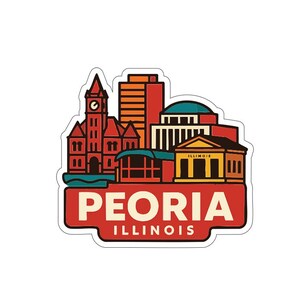 Op de afbeelding: Een kleurrijke sticker met een gestileerde illustratie van de skyline van Peoria, Illinois. Het ontwerp omvat een klokkentoren, gebouwen en de stadsnaam in een rode banner. Geschikt voor laptops, waterflessen of notitieboeken.