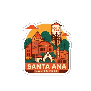 Può includere: Un adesivo con un design di Santa Ana, California. L'adesivo presenta un'illustrazione stilizzata del Bowers Museum, una torre dell'acqua e altri edifici. Il testo "SANTA ANA CALIFORNIA" è ben visibile.