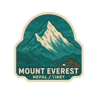 May include: A sticker depicting Mount Everest. The design shows a snow-covered mountain peak, teal-coloured mountains, and the text "MOUNT EVEREST NEPAL / TIBET" in a teal and white colour scheme.