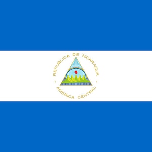 May include: The flag of Nicaragua features a blue field with a white horizontal stripe in the center. The white stripe has a gold circle with a triangle inside. The triangle has a blue background with a red star in the center. The circle has the words "Republica de Nicaragua" and "America Central" written in gold.