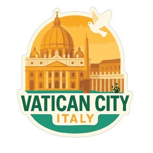 May include: A sticker featuring a stylized illustration of Vatican City, Italy. The design includes the St. Peter's Basilica, a dove, and the text "VATICAN CITY ITALY" in a green and white banner. The color palette is primarily yellow and gold.