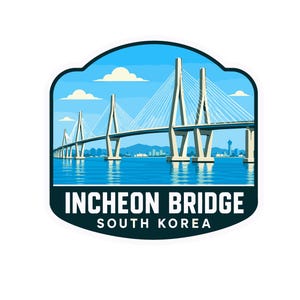 May include: A graphic emblem featuring the Incheon Bridge in South Korea, depicted with white cable-stayed towers over blue water against a light blue sky with clouds. The text INCHEON BRIDGE and SOUTH KOREA appears in white on a dark blue base.